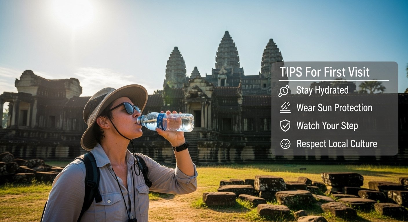 A tourist drinking water and wearing a wide-brimmed hat under the Cambodian sun at Angkor Wat, emphasizing Angkor Wat first visit tips for health and safety, photorealistic.