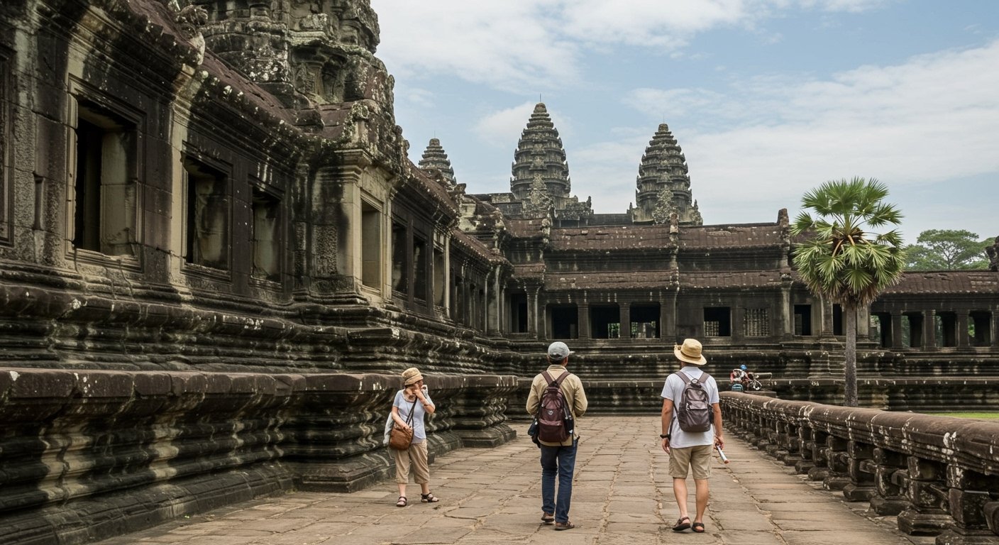 A tourist engaging with a licensed guide amidst Angkor Wat's ancient ruins, providing visual context on how to choose Angkor Wat tour guide for an enriching journey.