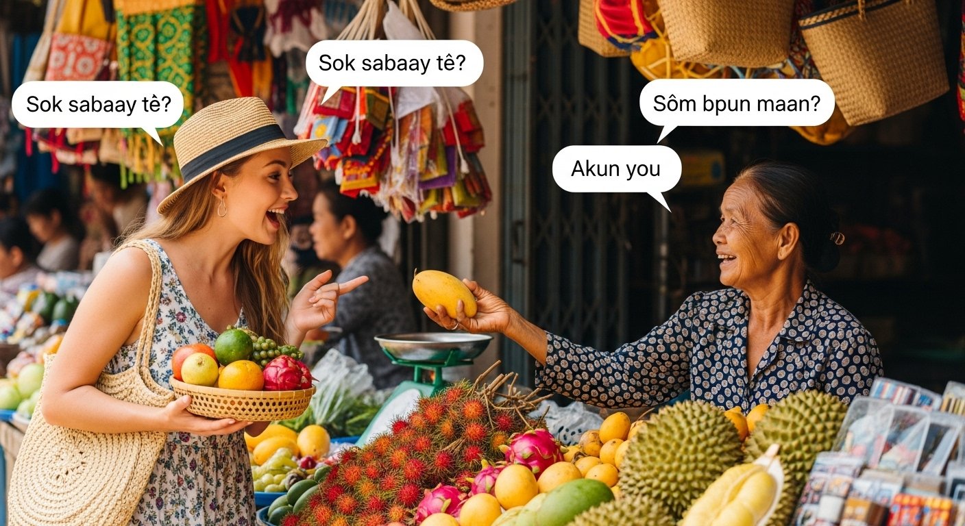 A tourist happily interacting with a local Cambodian vendor at a market, using essential Khmer phrases for tourists. The scene is vibrant, showing fresh produce and traditional goods.