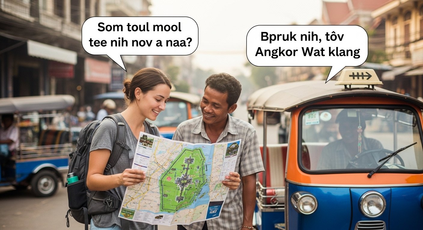 A tourist pointing to a map and asking a tuk-tuk driver for directions, using essential Khmer phrases for tourists in Siem Reap.
