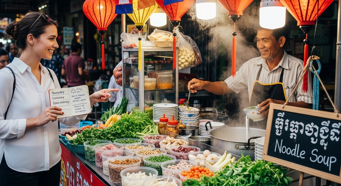 A tourist smiling while ordering a local dish from a street food vendor in Phnom Penh, using essential Khmer phrases for tourists. The food stall is colorful and inviting.