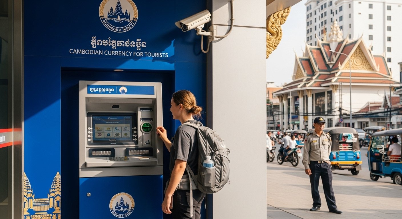 A tourist using an ATM outside a bank in Phnom Penh, with clear Cambodian currency for tourists branding on the machine. Emphasize safety and ease of access. Photorealistic.