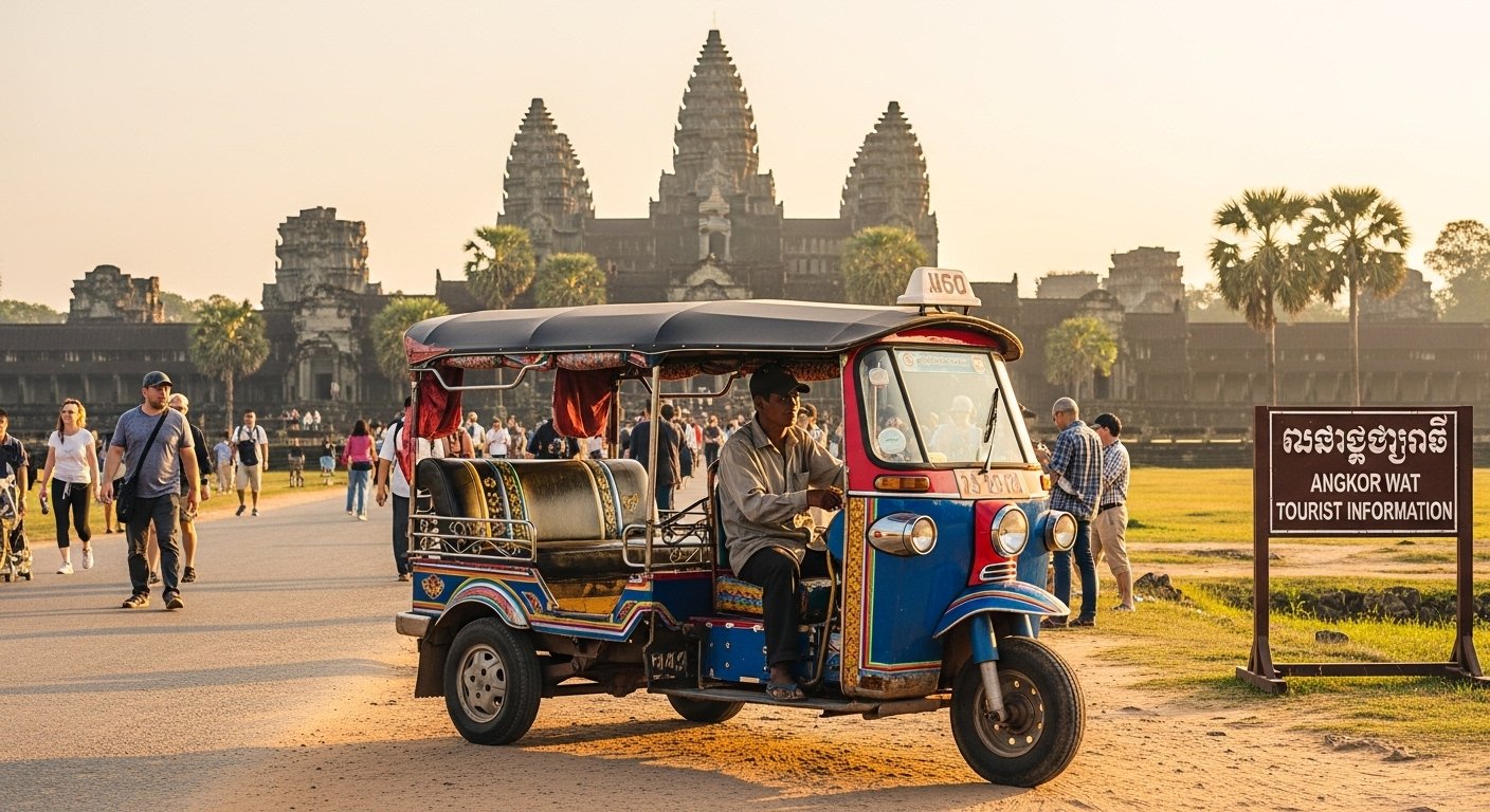 A traditional Cambodian tuk-tuk waiting outside Angkor Wat, ready to transport tourists, an essential part of Angkor Wat first visit tips, photorealistic.