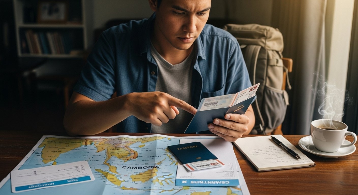 A traveler carefully reviewing their Cambodia visa and passport at a desk, with travel documents and a map spread out. The image conveys the importance of understanding how to get Cambodia visa and its details.
