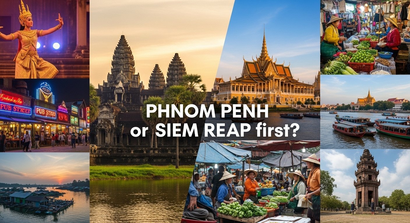 A vibrant collage representing the diverse things to do in Siem Reap (Angkor Wat, Tonle Sap, Apsara dance, Pub Street) and Phnom Penh (Royal Palace, Mekong River, bustling markets, historical sites), helping travelers decide 'Phnom Penh or Siem Reap first' based on activities. Photorealistic, diverse activities.