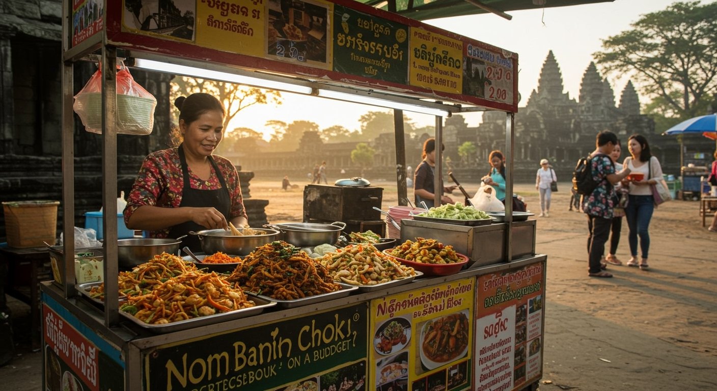 A vibrant street food stall in Siem Reap, with delicious and affordable Cambodian dishes, highlighting how to explore Angkor Wat on a budget.