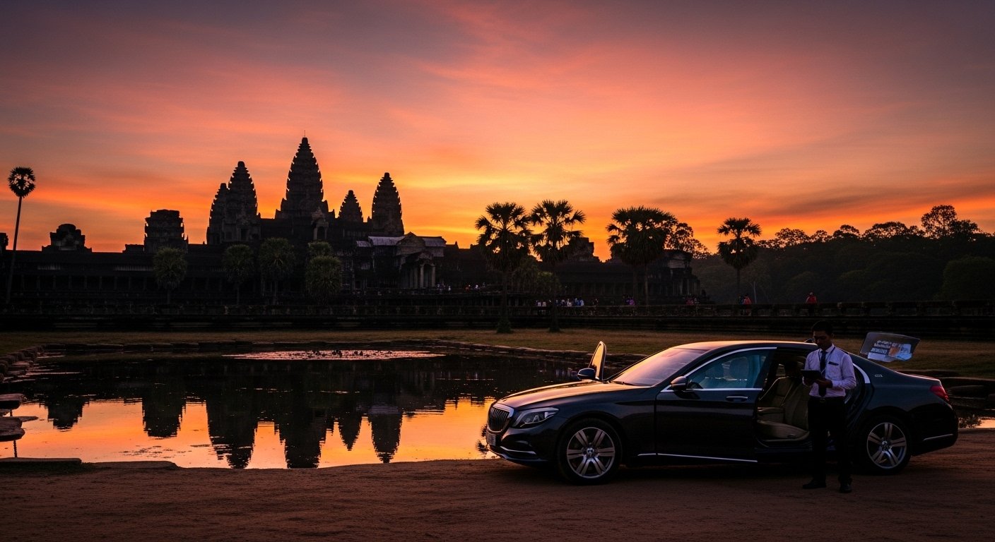 A view of Angkor Wat at sunset, with a silhouette of a luxury hotel car or guide nearby, emphasizing a seamless and exclusive Siem Reap luxury hotel experience.