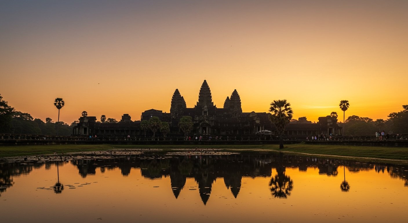 A wide-angle shot of Angkor Wat at sunrise, with reflection pools and a few people silhouetted, demonstrating excellent Angkor Wat photography tips.
