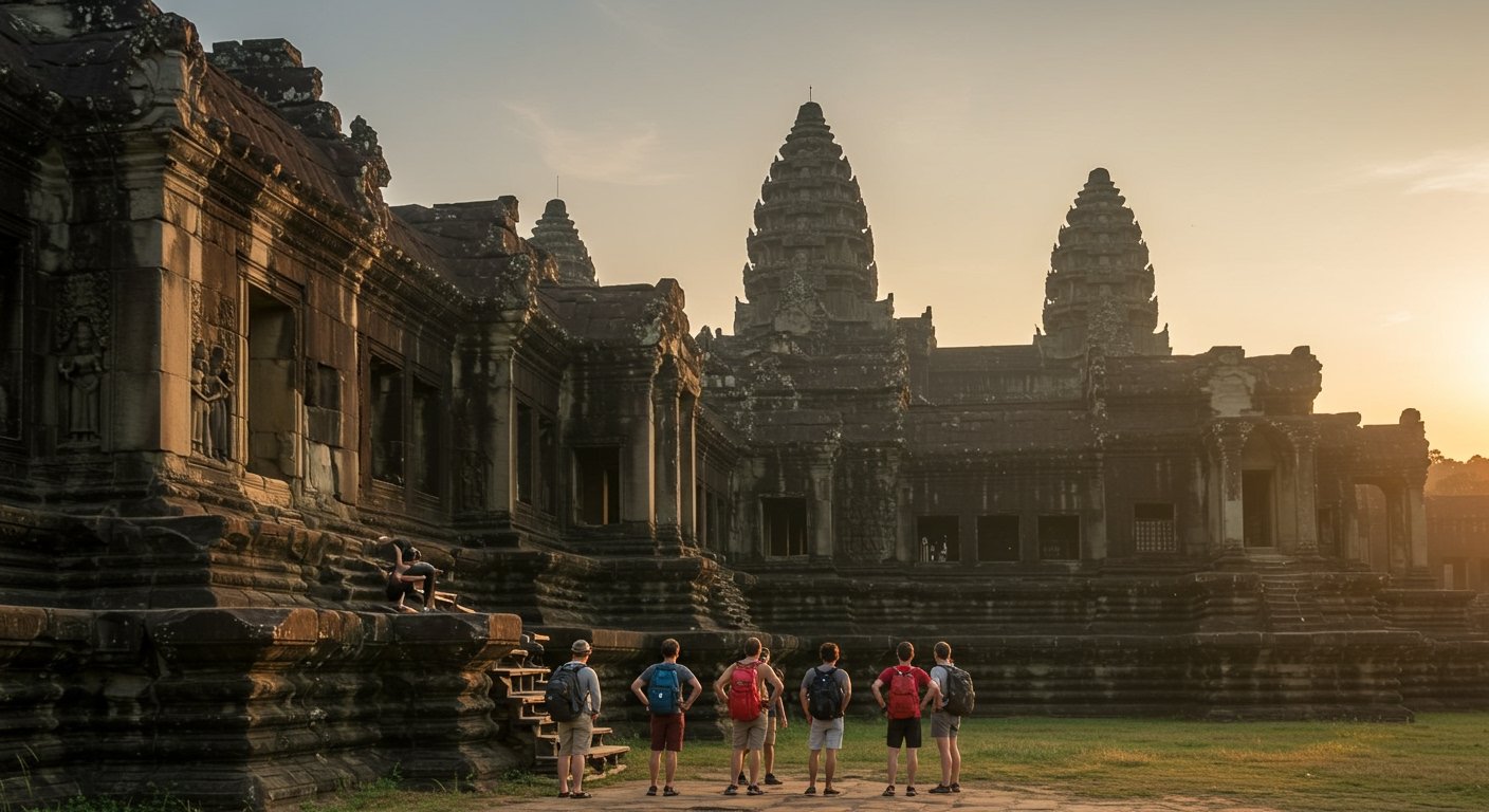 A wide shot of the magnificent Angkor Wat temple at sunrise, with a few budget travelers in the foreground, capturing the essence of exploring Angkor Wat on a budget.