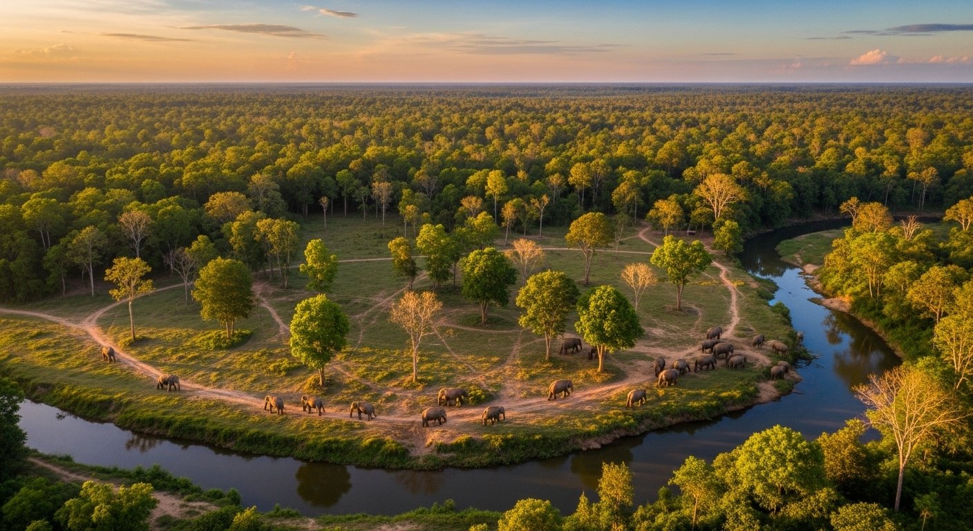 An aerial view of a vast, natural forest sanctuary in Mondulkiri Province, Cambodia, where elephants can roam freely, showcasing the ample space provided by an Ethical Elephant Sanctuaries Cambodia.