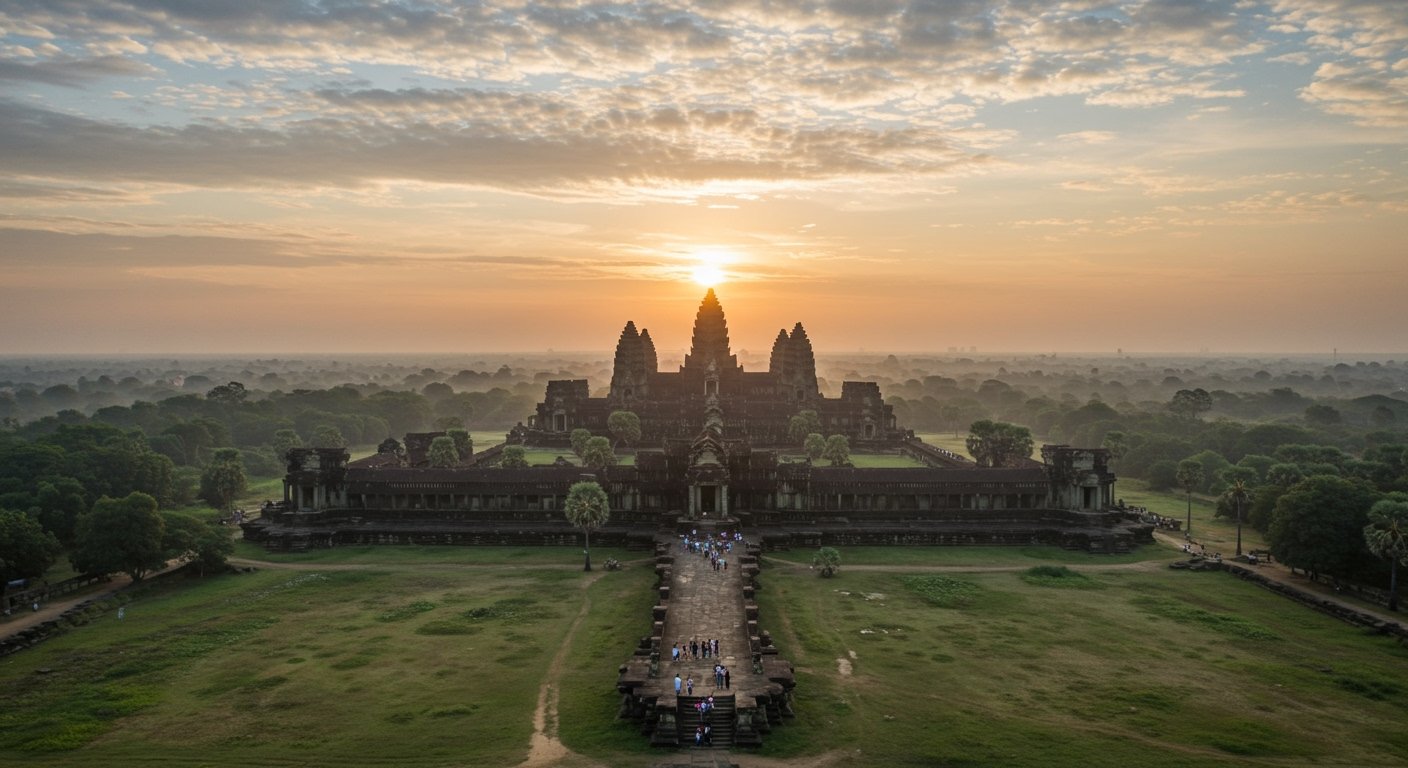 An aerial view of Angkor Wat at dawn with very few tourists, emphasizing how to avoid crowds Angkor Wat for a peaceful experience.