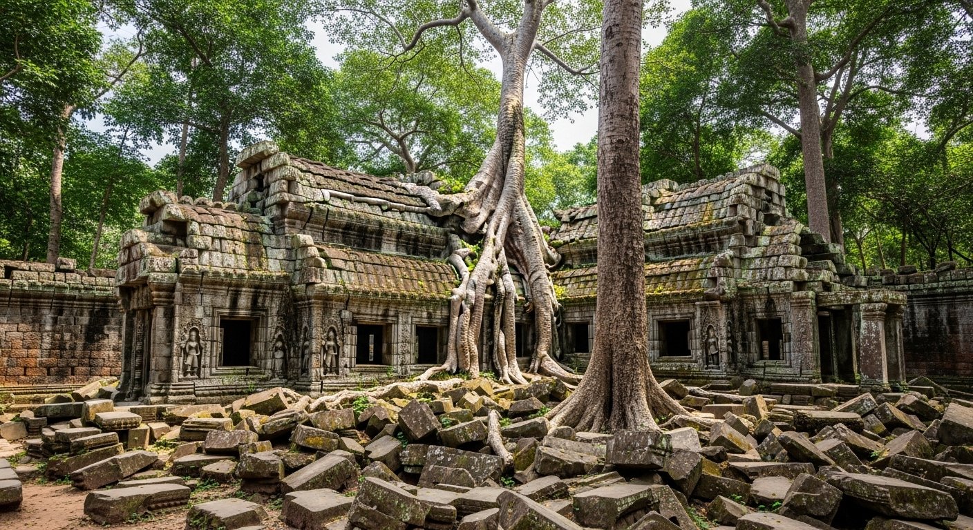 An ancient, crumbling temple ruin overgrown with jungle, showcasing the wild beauty of Beng Mealea and the essence of Angkor Wat off the beaten path.