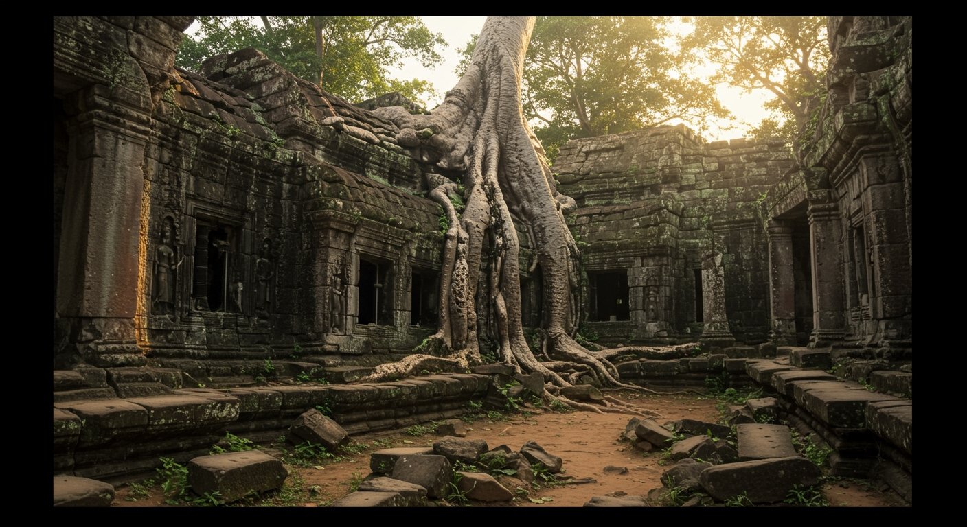 An artistic shot of tree roots intertwining with ancient stone at Ta Prohm temple, emphasizing composition and Angkor Wat photography tips.