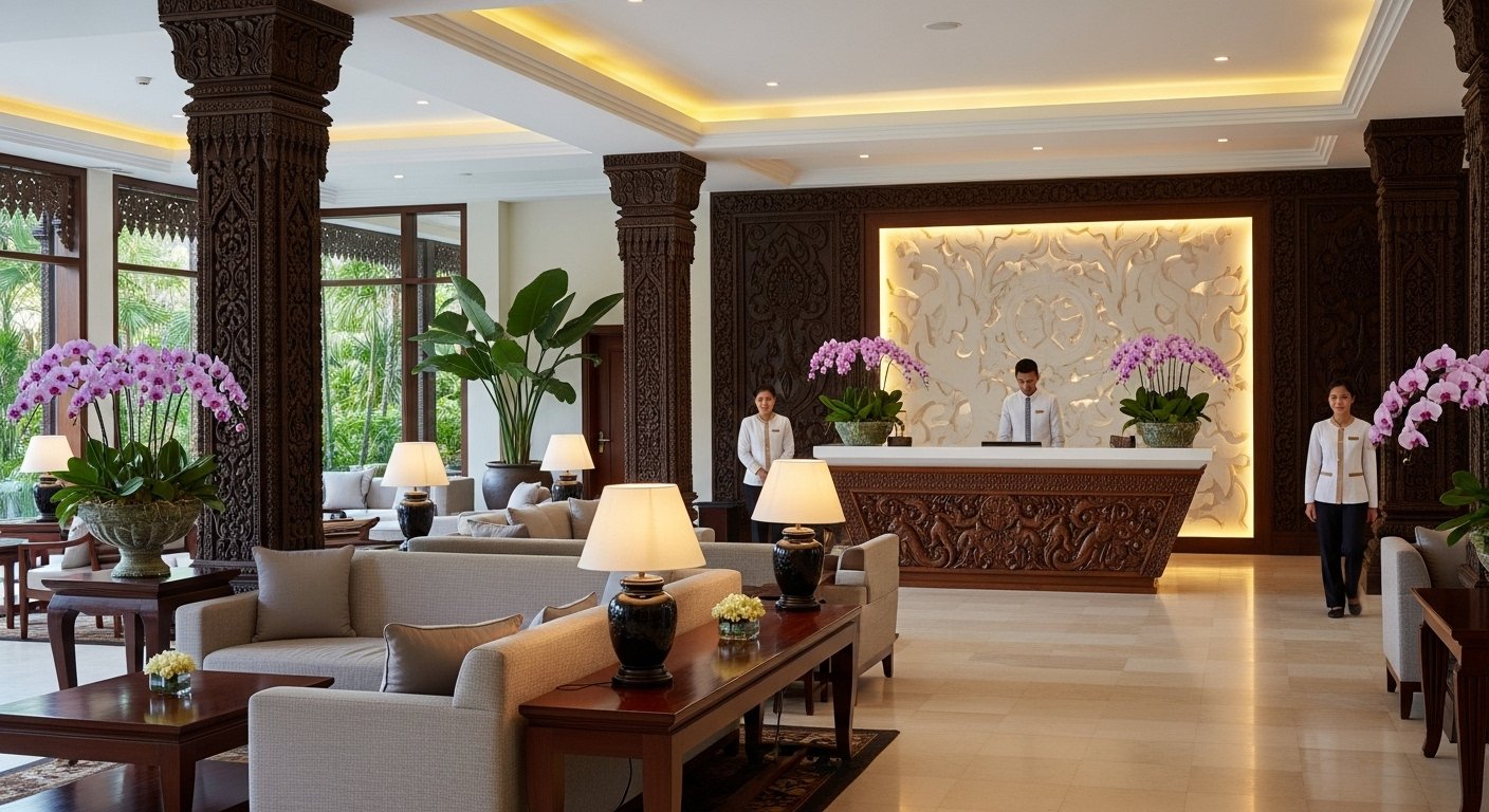 An elegant lobby or lounge area of a Siem Reap luxury hotel experience, showcasing a seamless blend of modern amenities and traditional Khmer design, with attentive staff in the background.