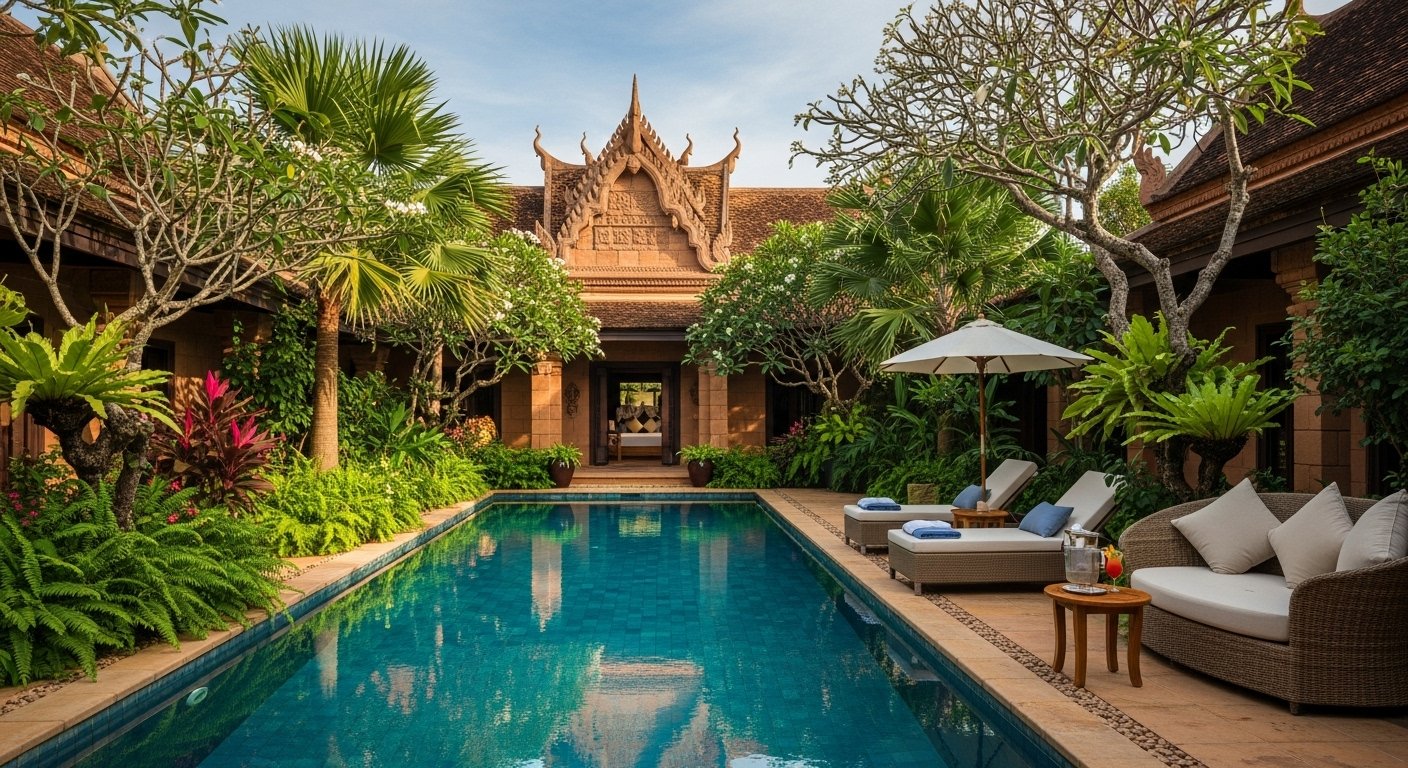 An elegant private pool villa in a high-end Siem Reap luxury hotel experience, with crystal-clear water, lush tropical foliage, and traditional Khmer architecture visible in the background.