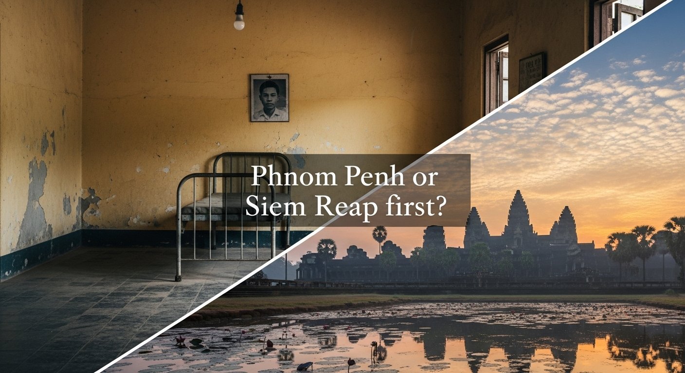 An evocative image showcasing the historical contrast: the solemn, respectful interior of Tuol Sleng Genocide Museum in Phnom Penh juxtaposed with the ancient, majestic ruins of Angkor Wat at sunrise in Siem Reap, aiding the decision of 'Phnom Penh or Siem Reap first'. Photorealistic, emotionally resonant.