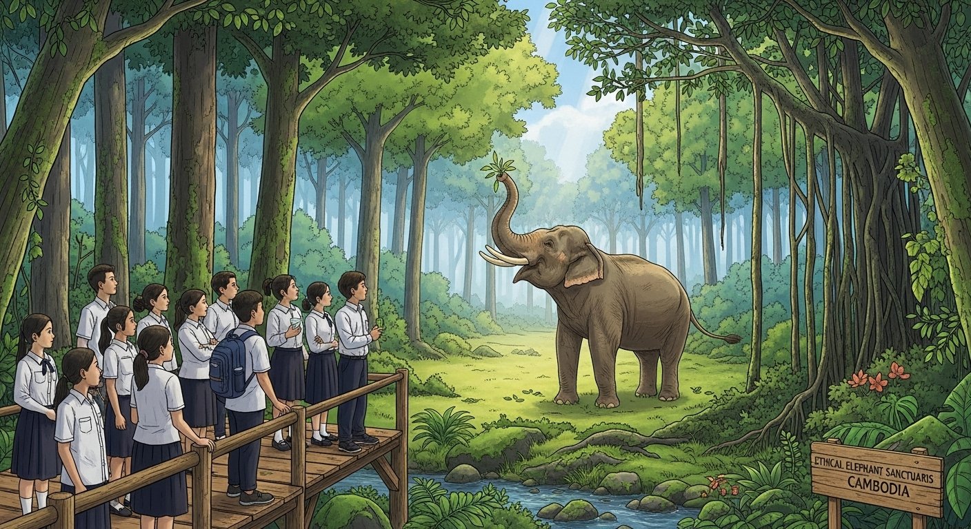 An illustration showing a group of students observing an elephant freely roaming in a lush forest from a respectful distance, highlighting the concept of Ethical Elephant Sanctuaries Cambodia. The elephants appear happy and natural in their environment.