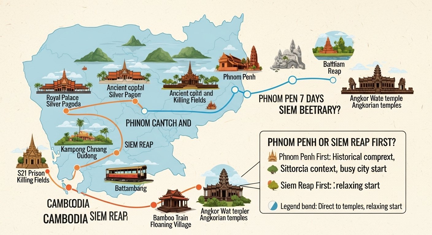 An illustrative map or infographic showing a typical 7-day Cambodia itinerary route between Phnom Penh and Siem Reap, highlighting key stops and attractions, helping visitors decide 'Phnom Penh or Siem Reap first'. Clear, informative, photorealistic.