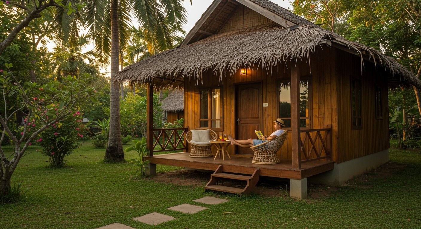 Charming traditional-style budget villas near Angkor Wat, surrounded by lush greenery, with a traveler relaxing on the inviting porch.
