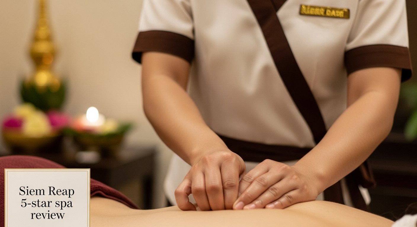 Close-up of a skilled therapist performing a traditional Khmer massage at a luxury 5-star hotel spa in Siem Reap, emphasizing the professional and serene setting. Siem Reap 5-star spa review.