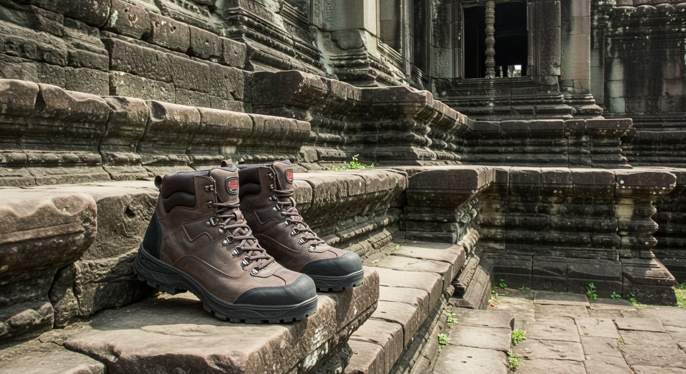 Comfortable, sturdy walking shoes on the ancient stone steps of Angkor Wat, with a focus on practical footwear that adheres to the Angkor Wat dress code for visitors.