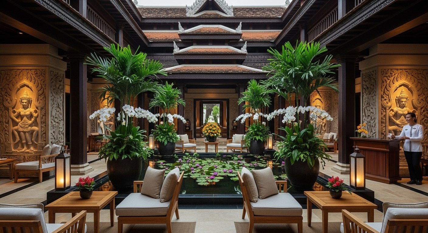 Elegant lobby of a 5-star hotel spa in Siem Reap, with traditional Khmer architectural elements and lush greenery, a serene Siem Reap 5-star spa review ambiance.