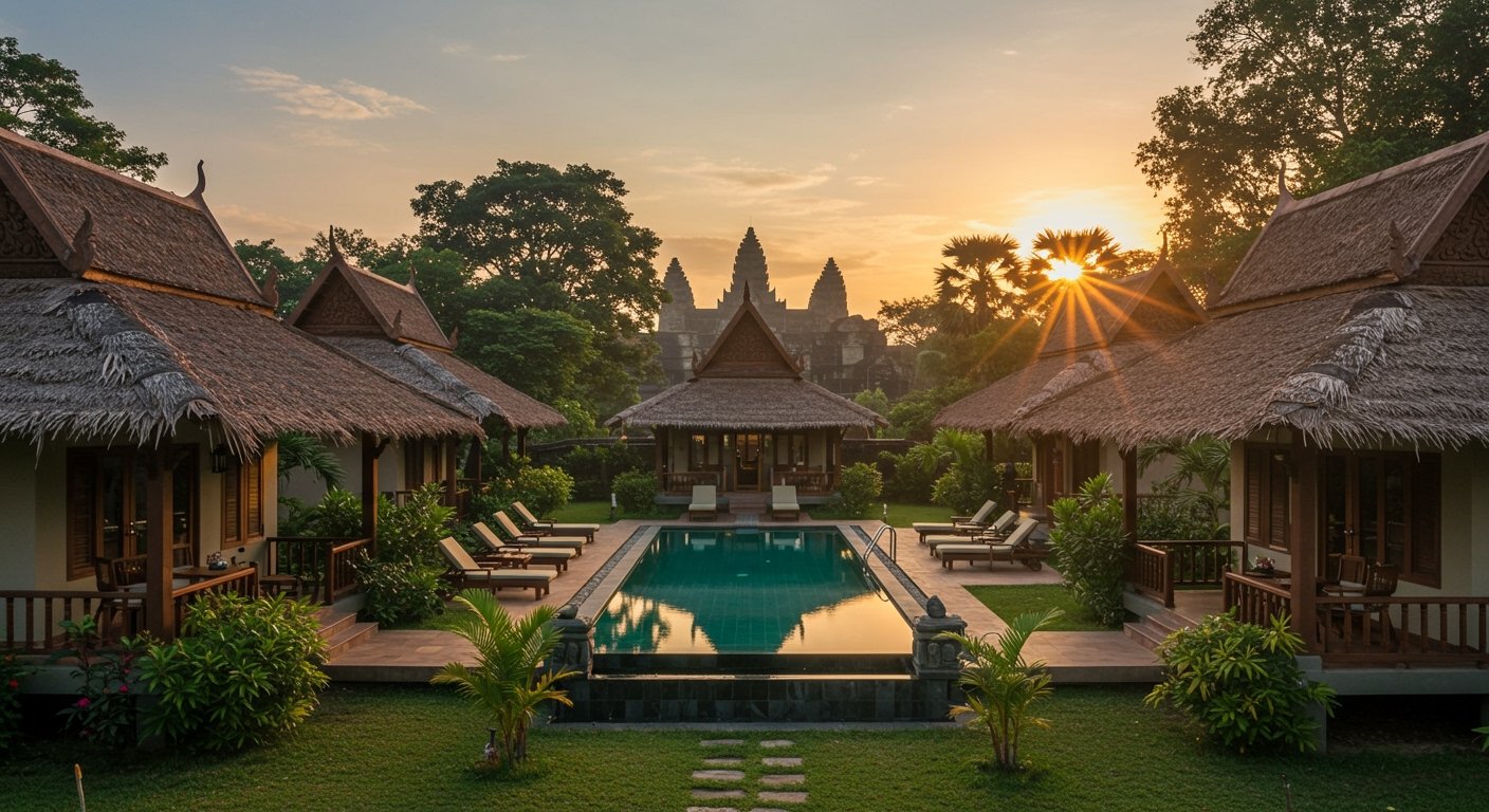 Guesthouse complex offering comfortable budget villas near Angkor Wat, featuring private rooms, bungalows, a shared pool, and common areas.