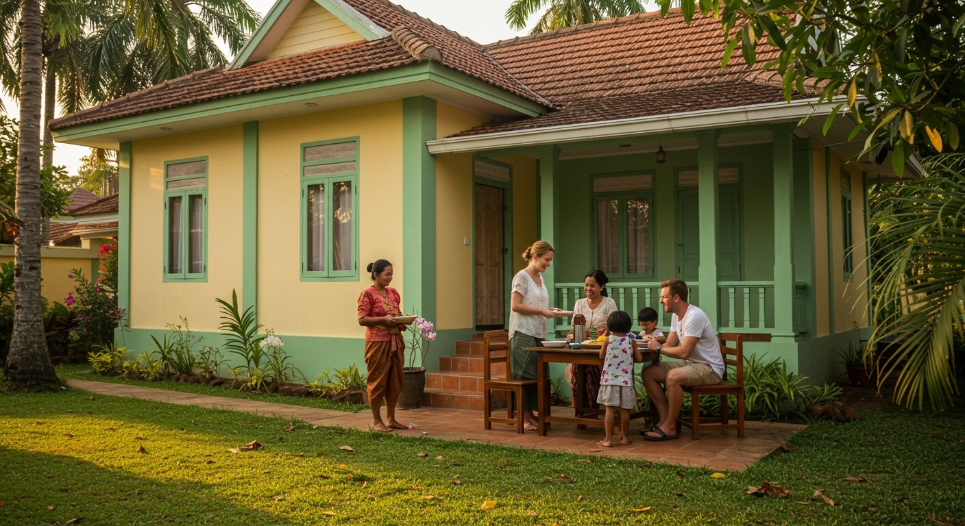 Guests experiencing authentic local culture and family hospitality at one of the charming budget villas near Angkor Wat.