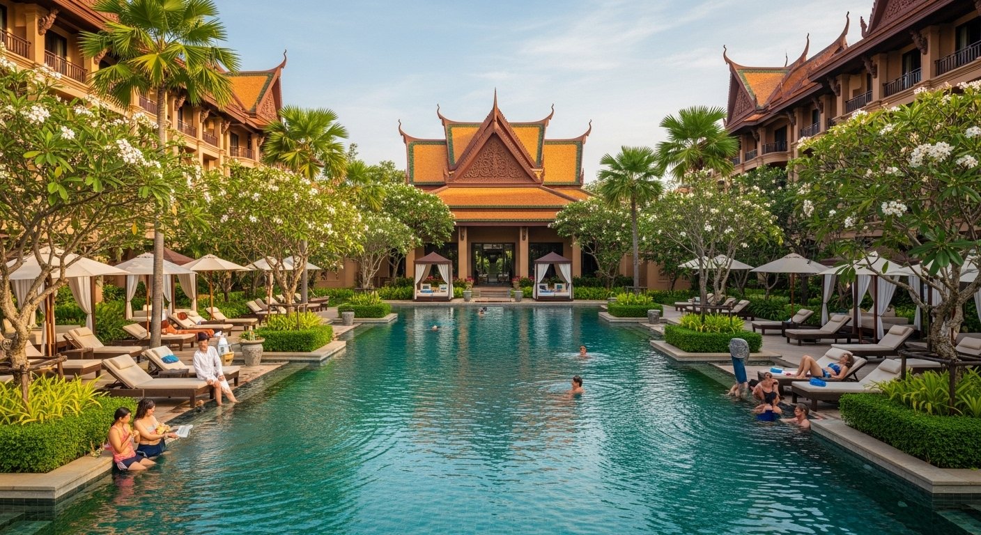 Guests relaxing by a stunning main swimming pool at a Siem Reap luxury hotel experience, surrounded by tropical gardens and elegant architecture.