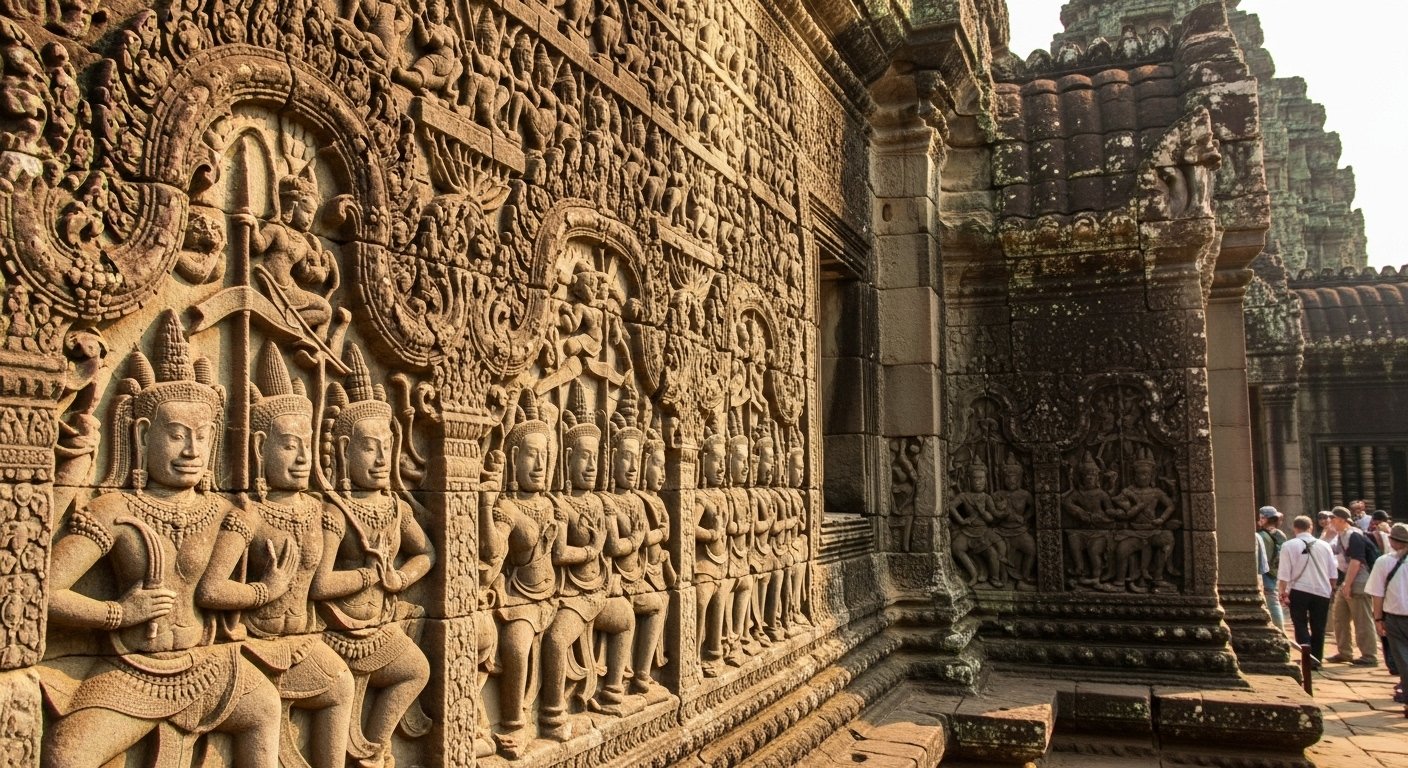 Intricate bas-reliefs depicting ancient Khmer narratives, a cornerstone of the historical Angkor Wat travel destination.