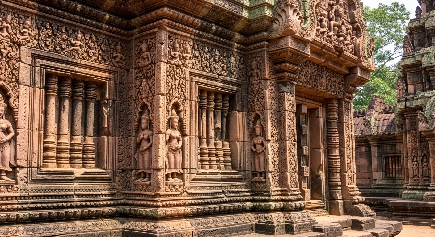 Intricate pink sandstone carvings at Banteay Srei temple, showcasing the detail of Angkor Wat off the beaten path architecture.