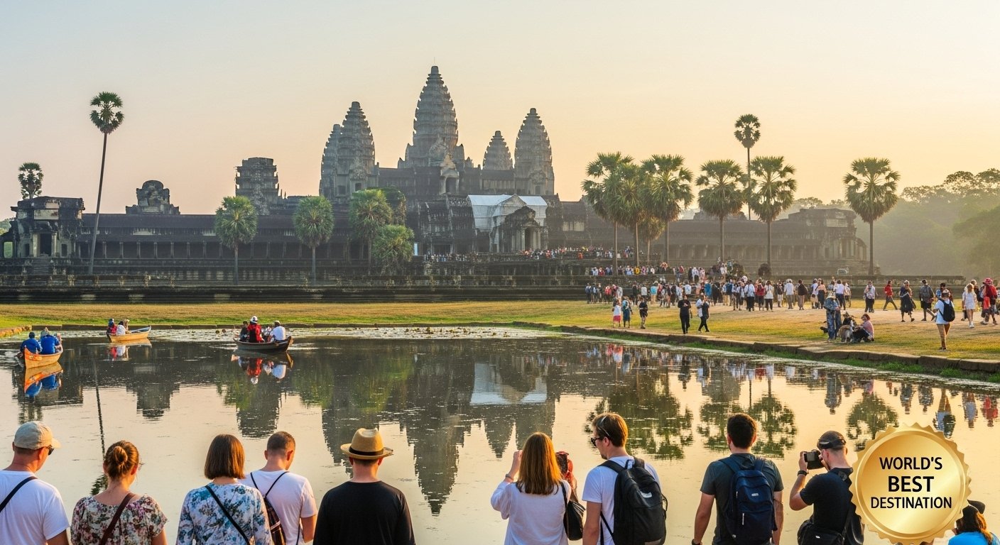 Panoramic view of the majestic Angkor Wat temple complex, a premier Angkor Wat travel destination attracting visitors worldwide.