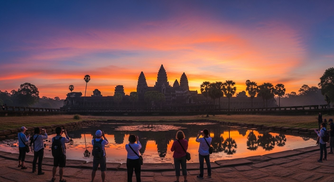 Photorealistic image capturing the iconic Angkor Wat sunrise, with the temple silhouetted against a vibrant sky, and a small crowd of tourists observing. The early morning light highlights the ancient architecture. The primary keyword 'Hotels near Angkor Wat early breakfast' is implicitly conveyed by the scene of tourists at dawn.