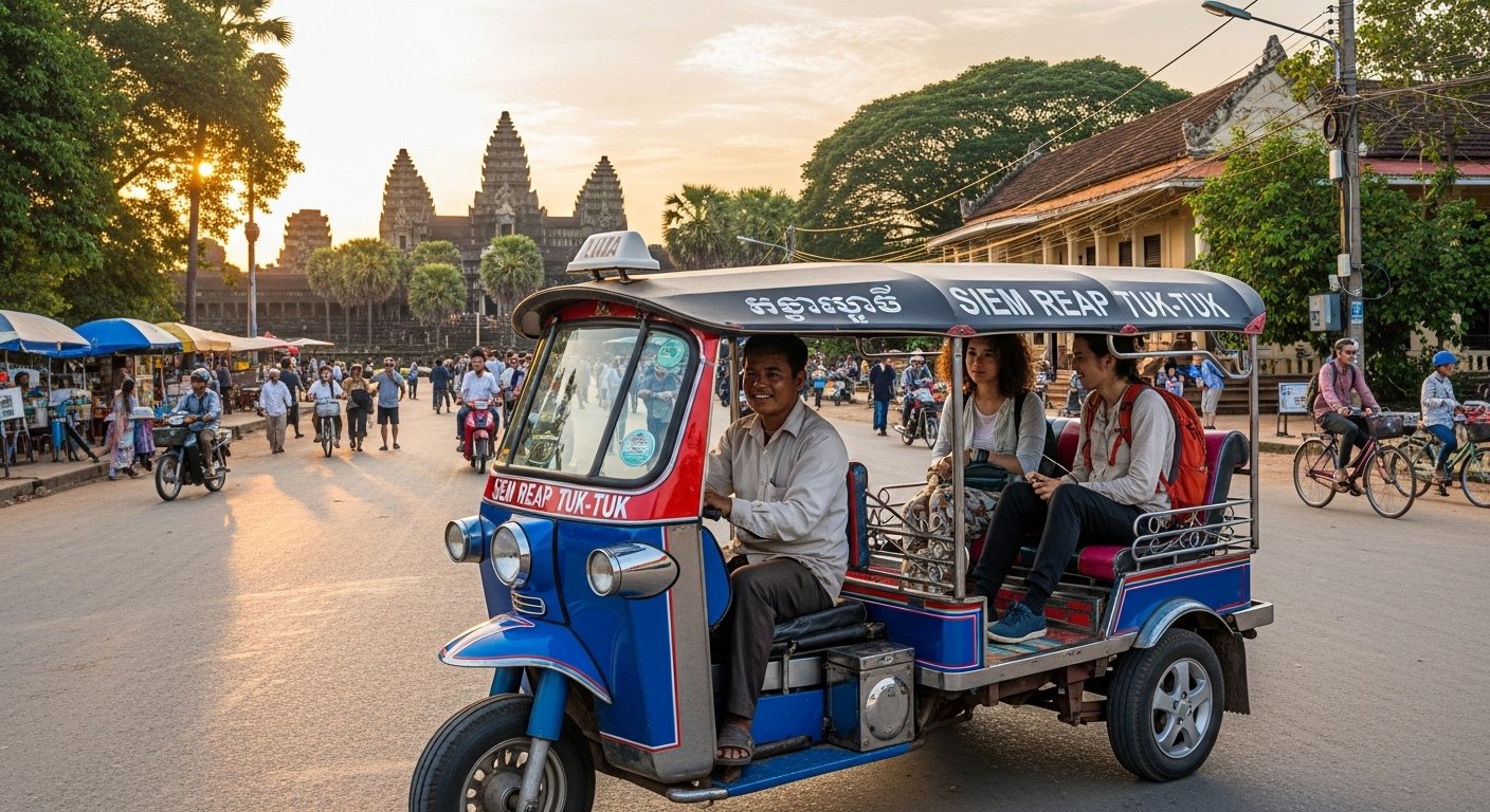 Photorealistic image of a colorful tuk-tuk on a street in Siem Reap, with people and temples in the background, showcasing Cambodia budget travel transportation.