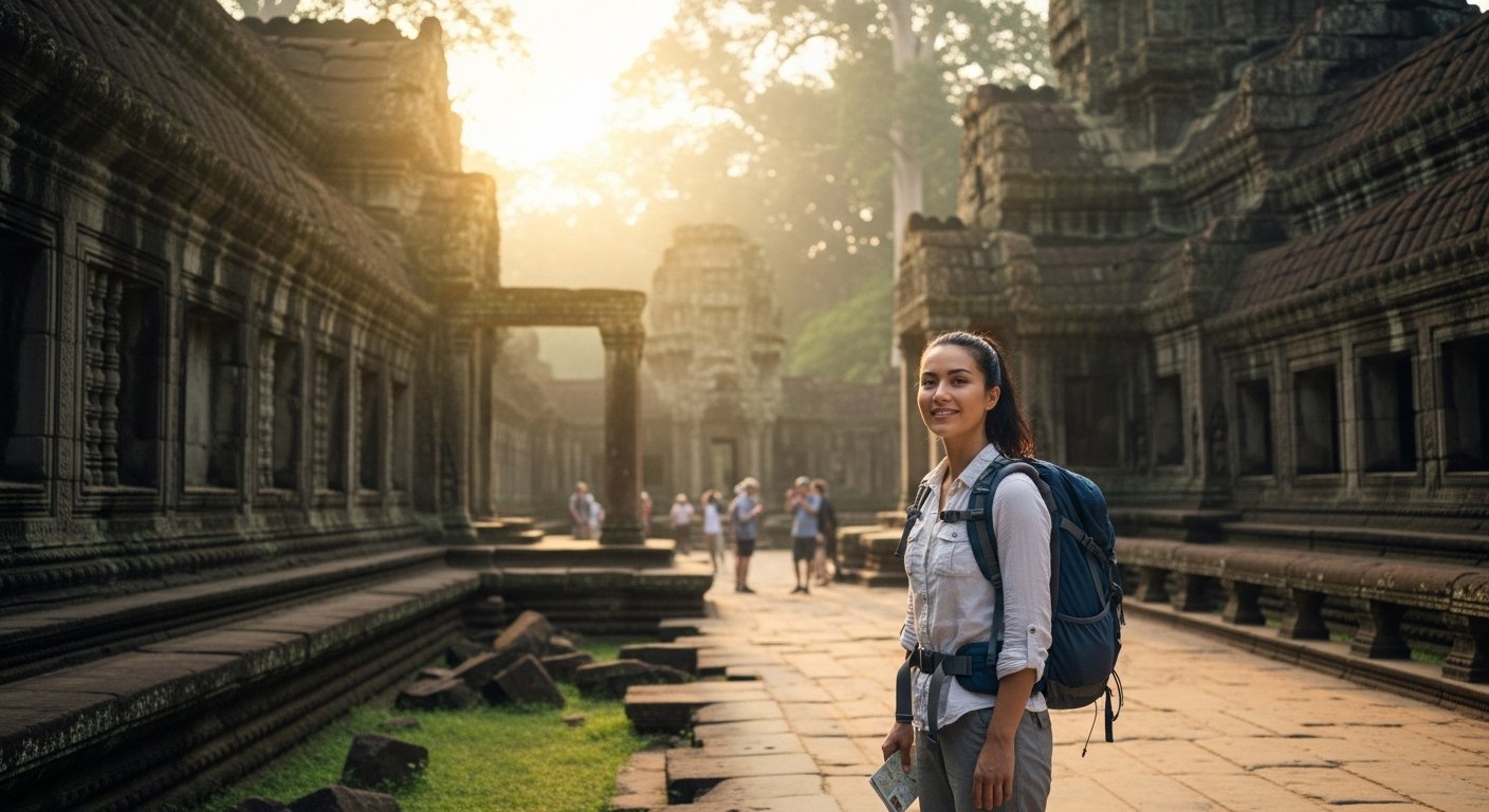 Photorealistic image of a confident solo female traveler exploring a Cambodian temple, with a focus on solo female travel Cambodia safety.