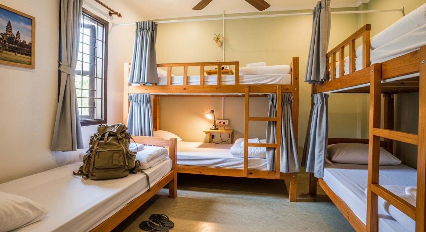 Photorealistic image of a cozy, clean hostel dorm room in Siem Reap, appealing to Cambodia budget travel, with a backpack on a bed.