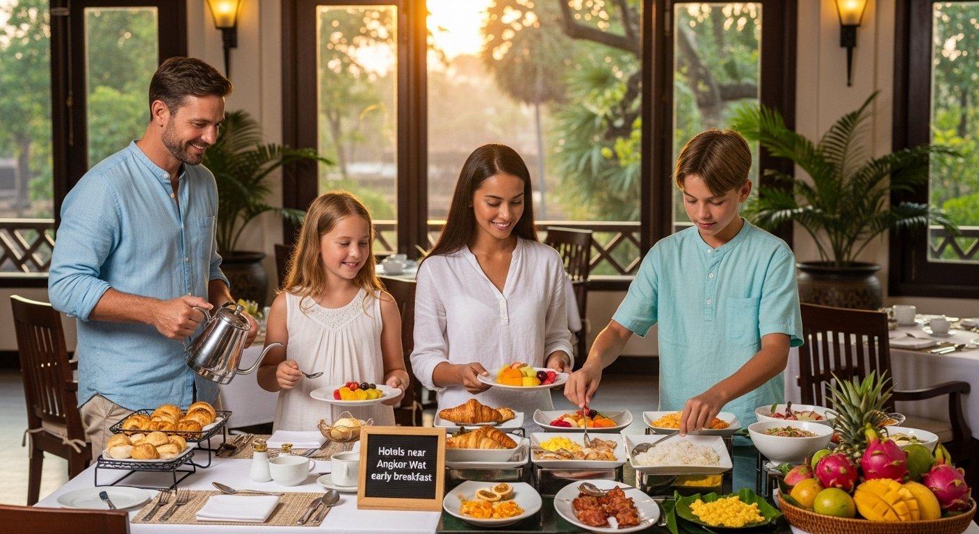Photorealistic image of a family enjoying an early breakfast at a hotel near Angkor Wat before heading out for a sunrise tour. The dining area is well-lit and comfortable, with a mix of local and Western breakfast items available. The primary keyword 'Hotels near Angkor Wat early breakfast' is subtly integrated into the scene.
