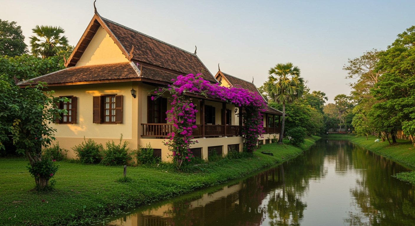 Photorealistic image of a serene, budget villas near Angkor Wat located by a small river or canal, offering peaceful views and traditional design.