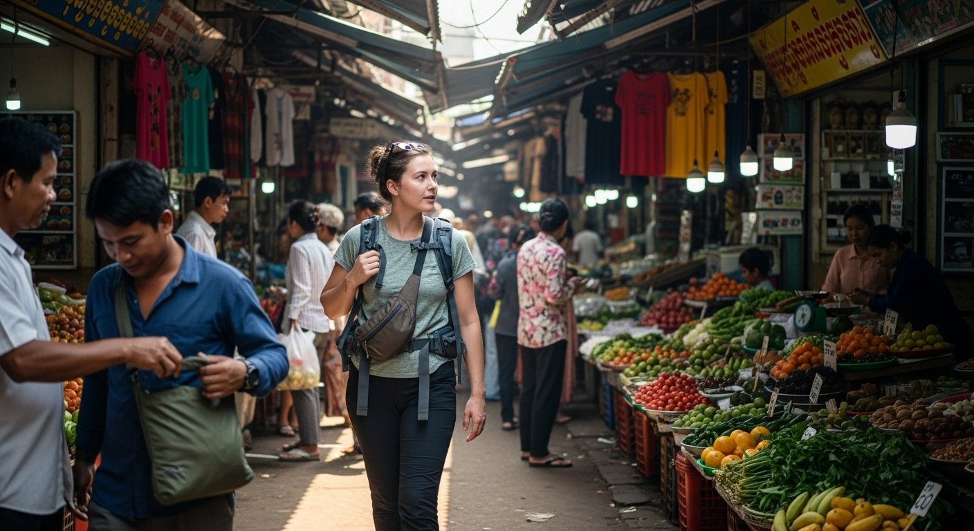 Photorealistic image of a solo female traveler being aware of her surroundings in a busy Cambodian market, highlighting solo female travel Cambodia safety against petty crime.