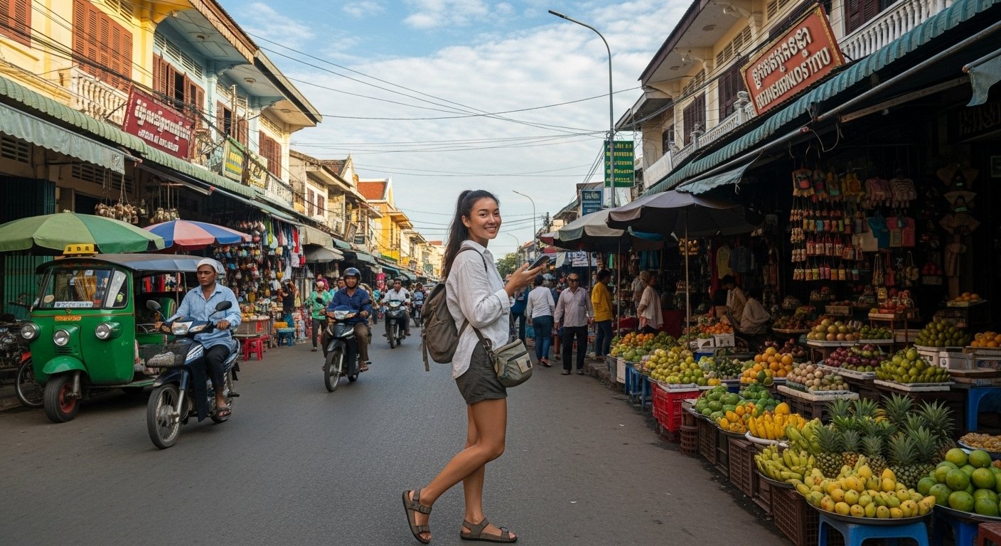 Photorealistic image of a solo female traveler confidently navigating a vibrant street in Siem Reap, demonstrating solo female travel Cambodia safety and exploration.