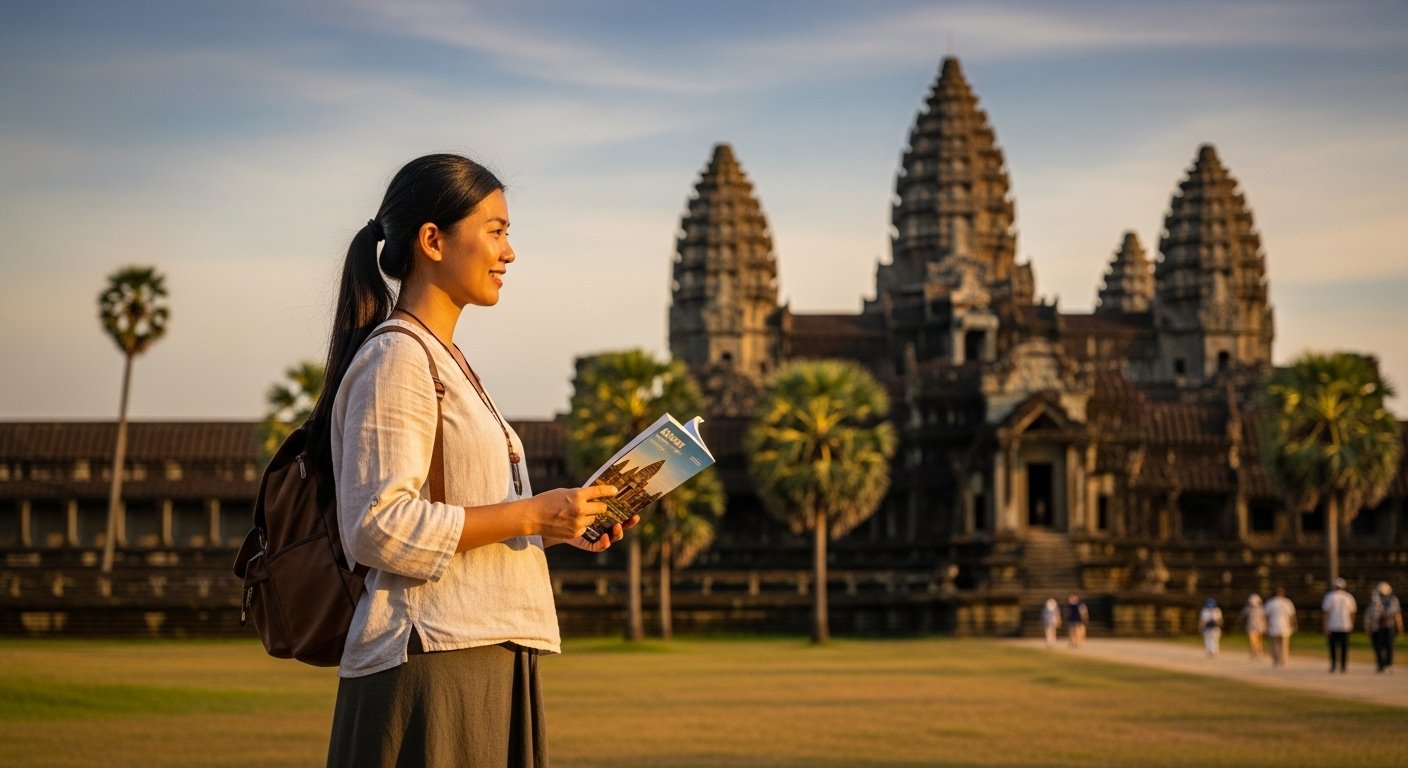 Photorealistic image of a solo female traveler dressed respectfully at Angkor Wat, highlighting cultural awareness and solo female travel Cambodia safety.