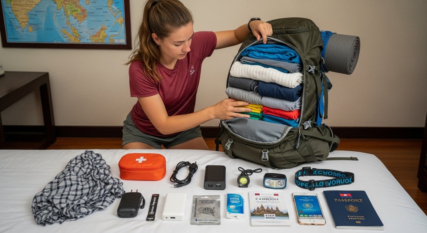 Photorealistic image of a solo female traveler packing smart for a trip to Cambodia, emphasizing preparedness for solo female travel Cambodia safety.