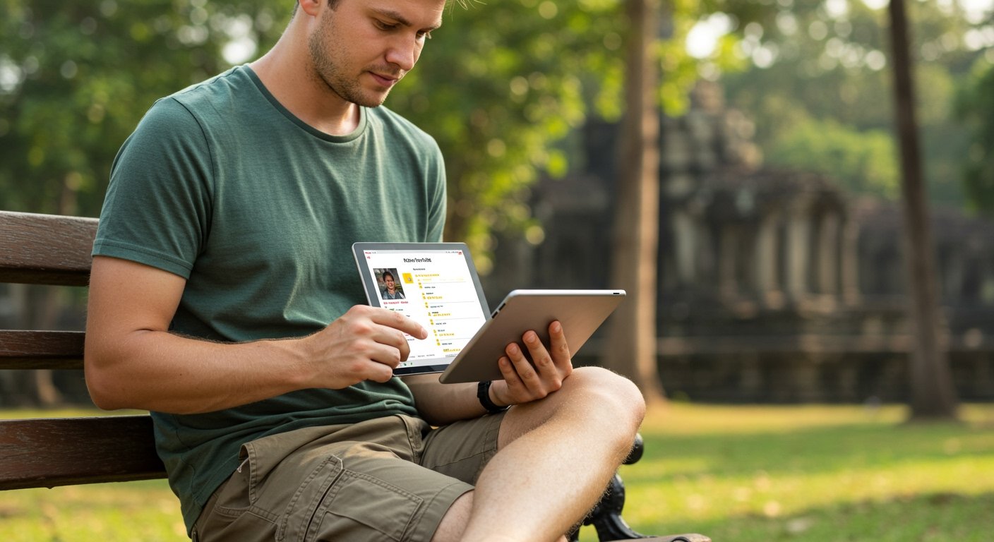 Photorealistic image of a tourist researching online how to choose Angkor Wat tour guide, looking at reviews and qualifications.