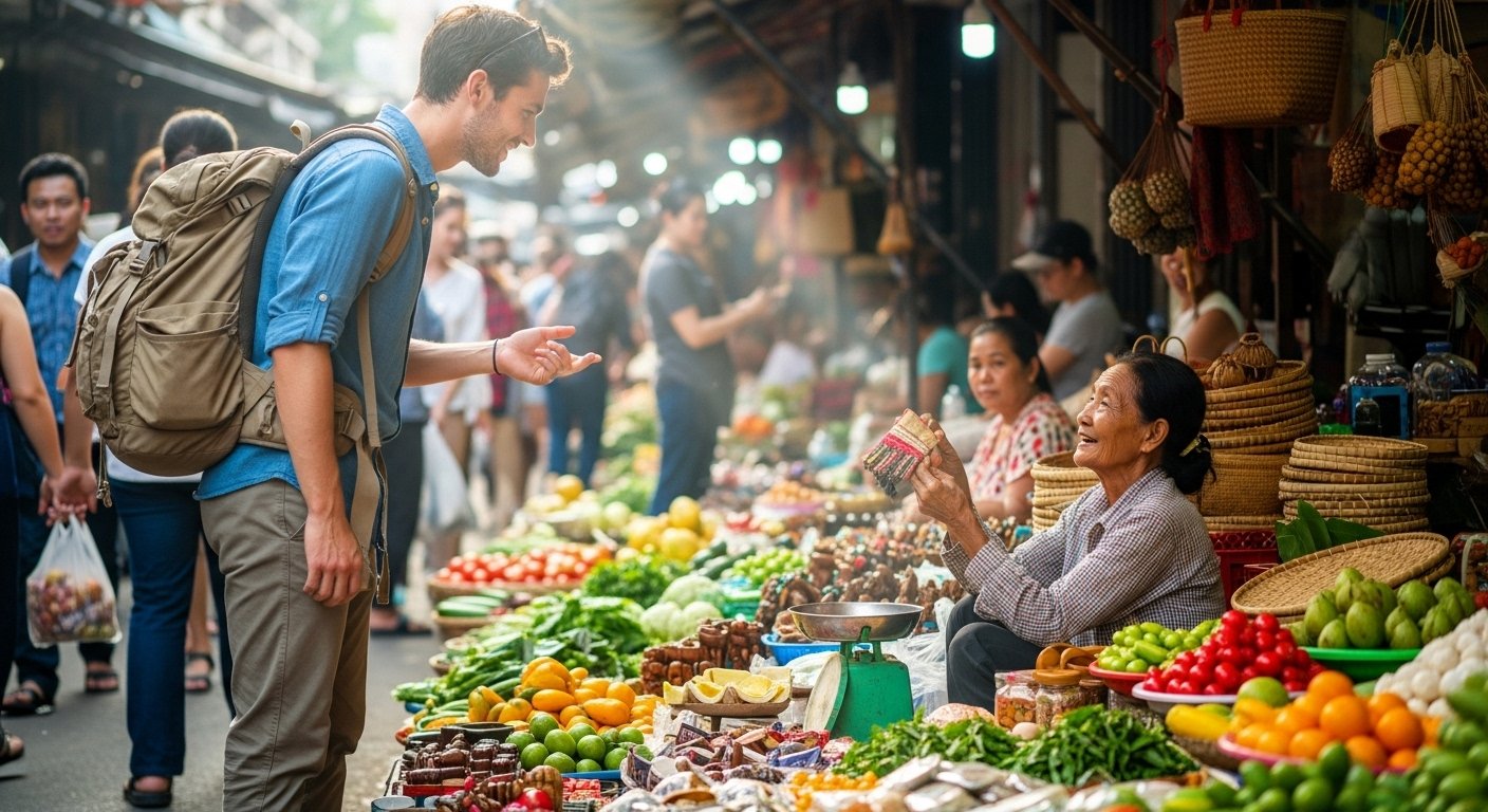 Photorealistic image of a traveler negotiating prices with a vendor at a bustling local market in Phnom Penh, focused on Cambodia budget travel and local interactions.