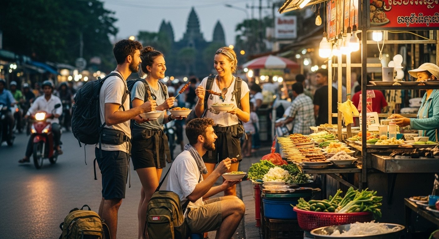 Photorealistic image of backpackers enjoying street food in Siem Reap, demonstrating Cambodia budget travel, with Angkor Wat in the distant background (subtle).