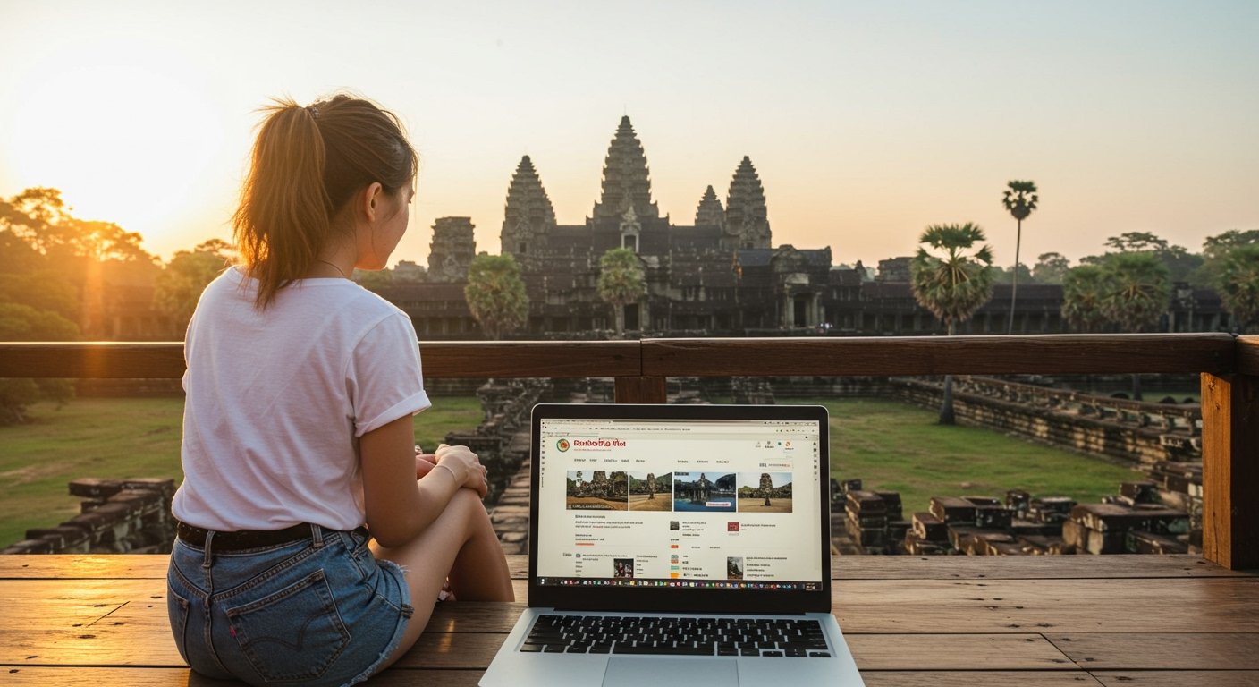 Photorealistic image of someone booking a tour guide online, with Angkor Wat in the background, focusing on how to choose Angkor Wat tour guide.