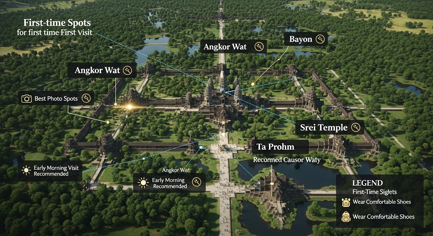 Photorealistic map illustrating essential routes and temples for Angkor Wat first visit tips.