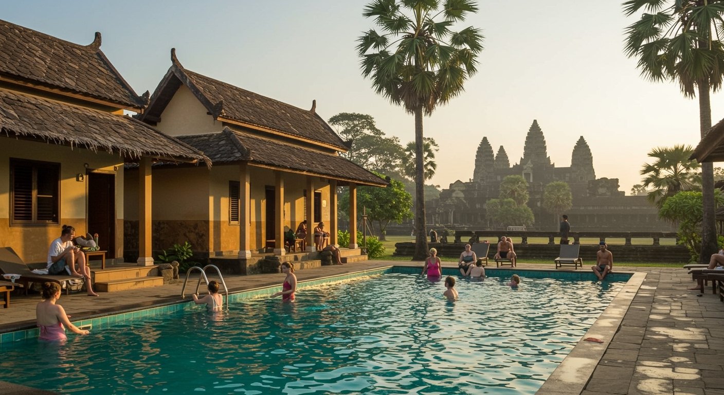 Photorealistic view of a inviting shared swimming pool, ideal for guests staying at affordable budget villas near Angkor Wat after temple tours.