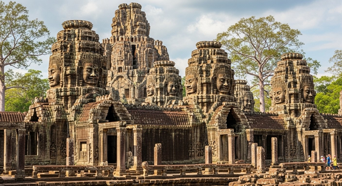 The iconic face towers of Bayon Temple within Angkor Thom, showcasing the diversity of temples in the Angkor Wat travel destination.