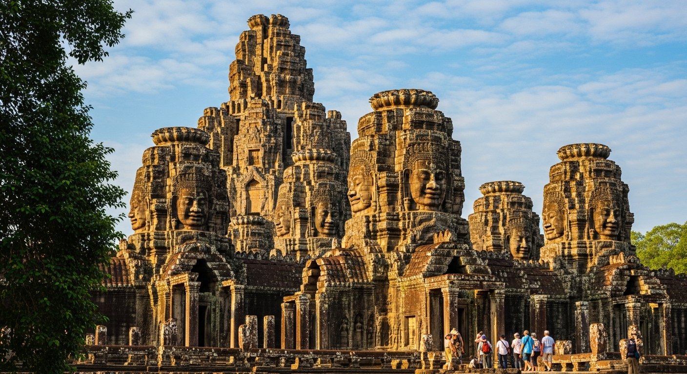 The iconic face towers of Bayon Temple within Angkor Thom, showing the diversity of the Angkor Wat temple complex, relevant for Angkor Wat first visit tips, photorealistic.